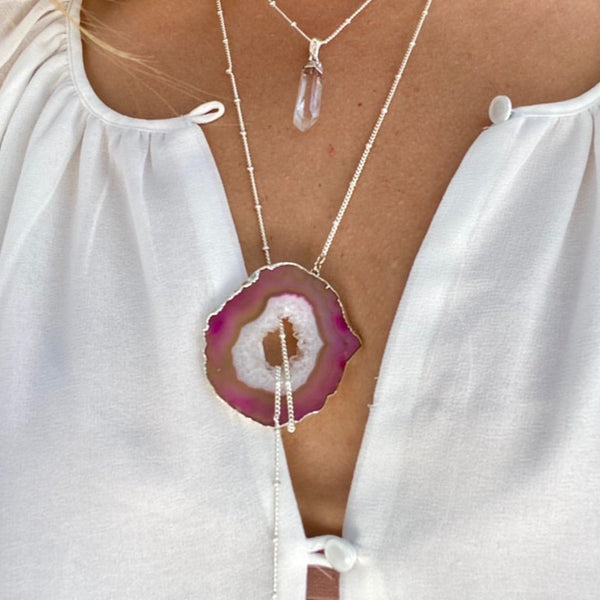 ・゚✧*・゚* SOLD OUT *・゚*✧・゚     Silver Balance Lariat with Pink Water Melon Geode