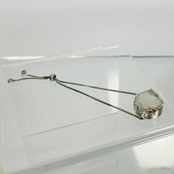 Round White Druzy Bolo Bracelet in Silver
