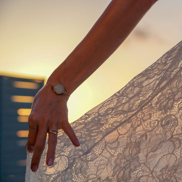 Round White Druzy Bolo Bracelet in Gold