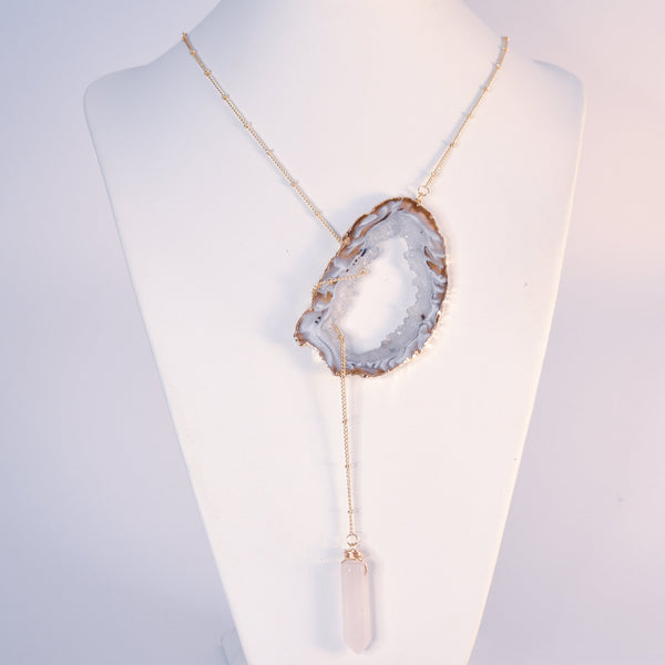 ・゚✧*・゚* SOLD OUT *・゚*✧・゚     Large Golden Crystal Balance Lariat with Rose Quartz