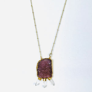 Amethyst Shield Necklace with Clear Quartz Spikes in Gold