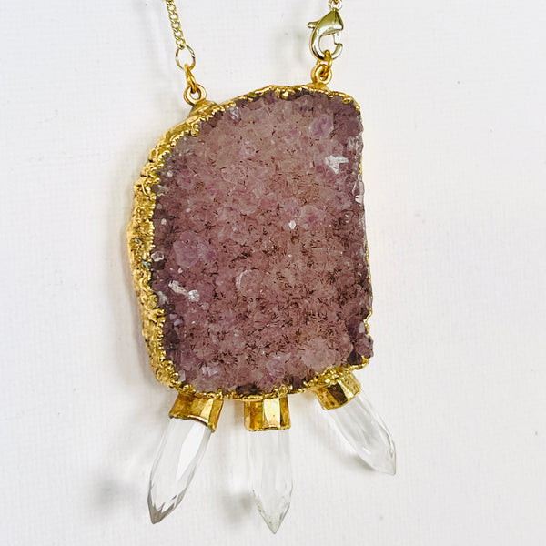 Amethyst Shield Necklace with Clear Quartz Spikes in Gold